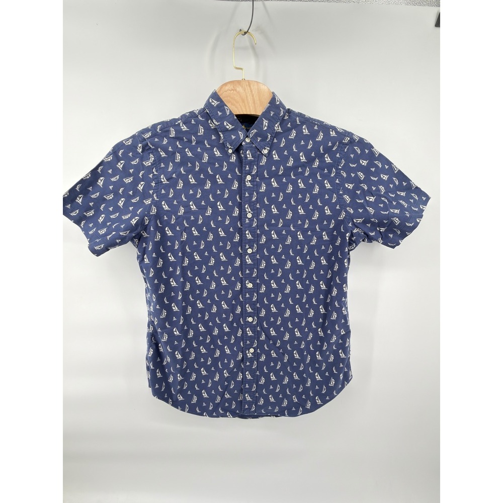 Ralph Lauren Button Down Mens XL Blue Sailboat Print Slim Fit Short Sleeve